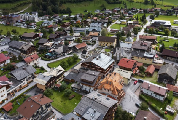 Drone image, residential buildings, view of village with parish church, Dorfgastein, Gasteinertal, Pongau, Salzburg province, Austria, Europe