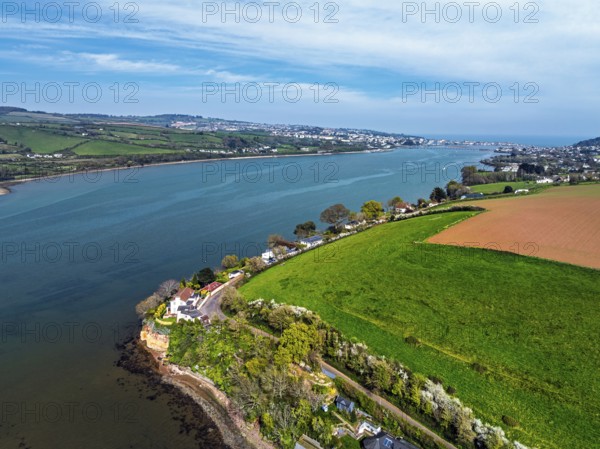 Farms and Fields over River Teign from a drone, Teignmouth, Shaldon, Devon, England, United Kingdom, Europe