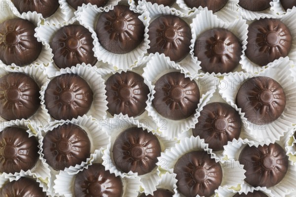Top view and close-up of hand made fine milk chocolates in opened chocolate box, Studio Composition, Quebec, Canada, North America