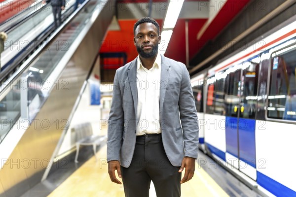 Young businessman standing on a subway platform, waiting for his train, symbolizing urban commuting and modern transportation
