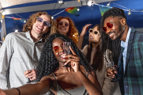 Beauty happy african woman holding champagne flute while taking selfie with elegant multi-ethnic friends in a terrace at night