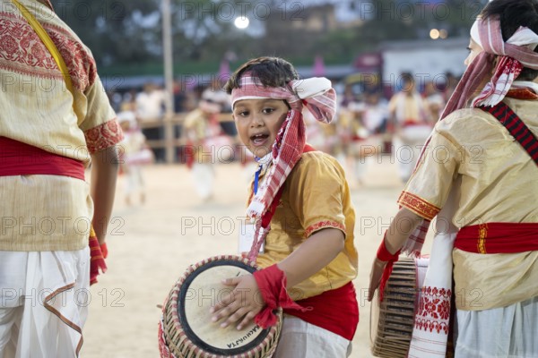 Participants Play dhol (Drum) on the final day of a Bihu dance workshop ahead of Rongali Bihu Festival, in Guwahati, Assam, India on 12 April 2025