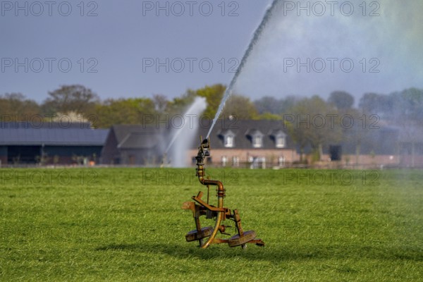 Artificial irrigation of a cereal field in April, with a sprinkler system, long dry spell in spring makes this necessary for the young plants to grow well, Kerken, Lower Rhine, North Rhine-Westphalia, Germany, Europe
