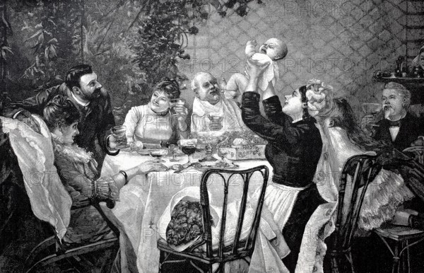 Christening banquet, family sitting at the table and the mother holding the baby, 1890, Germany, digital reproduction of an original from the 19th century, historical, Europe