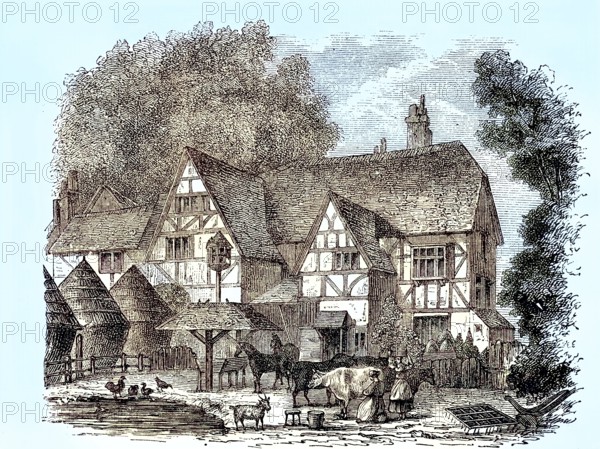 Farm, Farmyard, in England, 1880 / Bauerngut, 1880, Historisch, historical, digital improved reproduction of an original from the 19th century / digital reproduction of an original from the 19th century