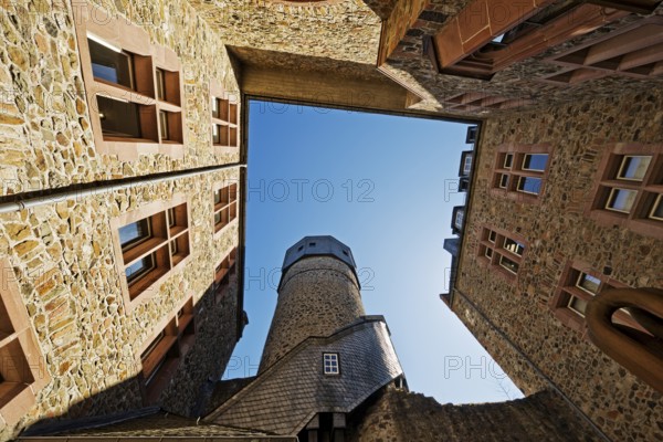 Old Castle, also known as Landgraves' Castle, view from the inner courtyard to the sky, Giessen, Hesse, Germany, Europe