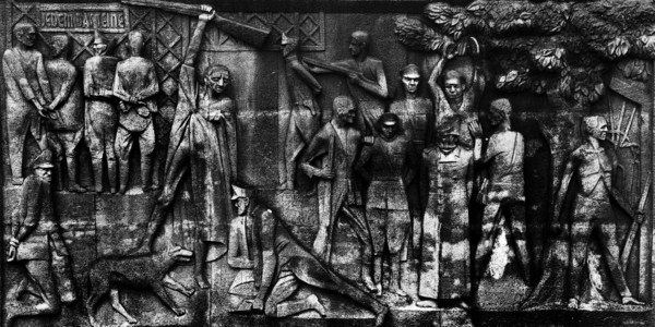 Stele path, stele by René Graetz, Waldemar Grzimek and Hans Kies, beech forest Memorial, Weimar, Thuringia, Germany, Europe