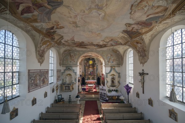 View from the organ loft onto the church interior and altar with Lenten cloth, 18th century, St Laurentius and Agatha Church, Frankenhofen, Kaltental, Ostallgäu, Bavaria, Germany, Europe