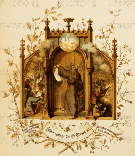 In 1517, Luther personally posted the 95 theses on the door of the castle church in Wittenberg, theses against the abuse of indulgences, Tetzel's indulgences, he burns Luther's writings, the students burn Tetzel's opposites, picture as a triptych, inscription and ornamentation, stations from Dr Martin Luther's life, coloured illustration ca. 1890