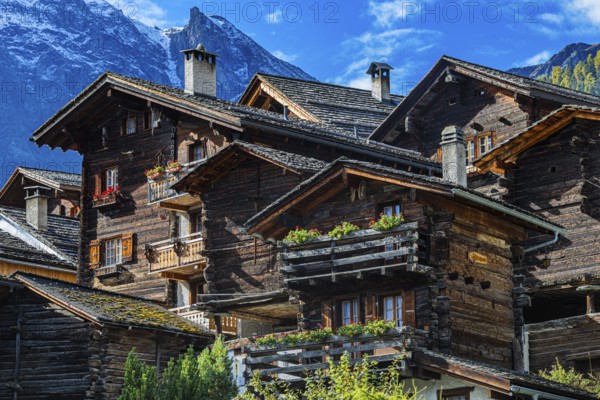 Old wooden houses in the historic village centre, Grimentz, Val d'Anniviers, Valais Alps, Canton Valais, Switzerland, Europe