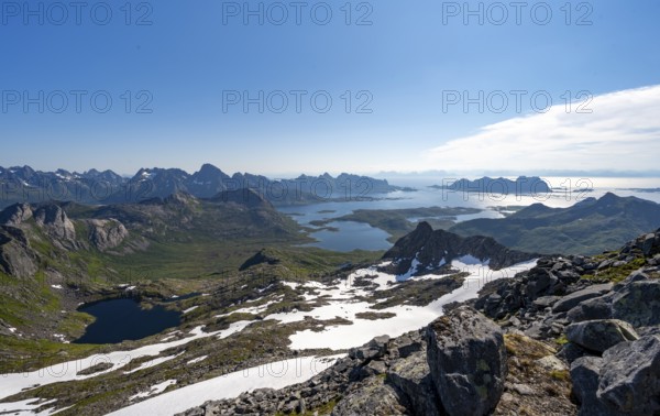 View of mountains and fjord landscape, mountain panorama, at the summit of Rundfjellet, lake Hellskarvatnet, Svolvaer, Nordland, Norway, Europe