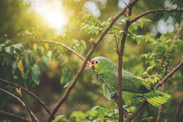 Portrait of a colorful yellow-naped parrot on a branch. Beautiful yellow-necked green parrot in its habitat