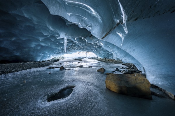 Glacier cave, ice cave, Morteratsch Glacier, Engadin, Grisons, Switzerland, Europe