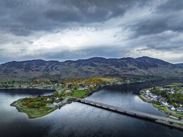 Loch Long Bridge or Dornie New Bridge from a drone, Loch Long River, Highlands, Scotland, England, United Kingdom, Europe