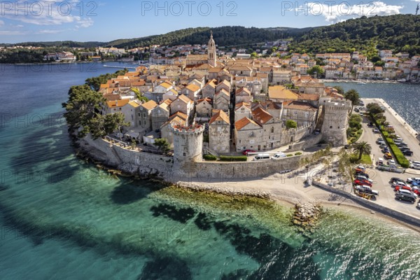The old town centre of Korcula town seen from the air, Croatia, Europe