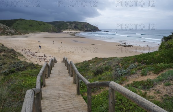 Carrapateira, Algarve, Portugal - Praia do Amado, wooden jetty to the surfers' beach on the west coast, on the Atlantic coast near Carrapateira