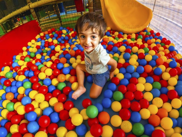 A young boy is playing in a ball pit, surrounded by a colorful sea of balls. He is smiling and he is enjoying himself
