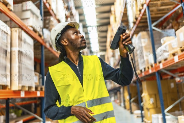 Frontal view of an african man scanning parcels in a distribution warehouse