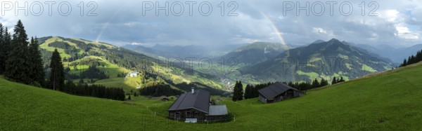 Alpine panorama in summer, rainbow, alpine hut, view over the Brixen valley, Hochbrixen, Brixen im Thale, Kitzbühel Alps, Tyrol, Austria, Europe