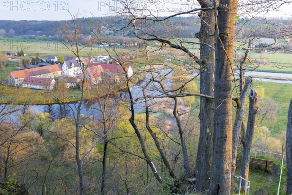 Maylust vantage point with a view of the Freiberg Mulde valley in the morning light, with Buch Monastery, Leisnig, Saxony, Germany, Europe