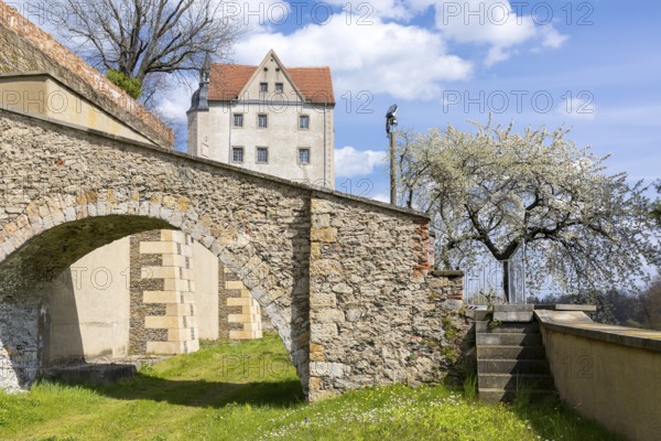 Castle, arched bridge with retaining wall, Nossen, Saxony, Germany, Europe