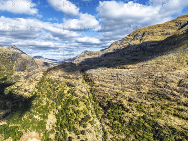 Glen Nevis Valley and River Navis from a drone, Fort William, Lochaber, Highland, Scotland, United Kingdom, Europe