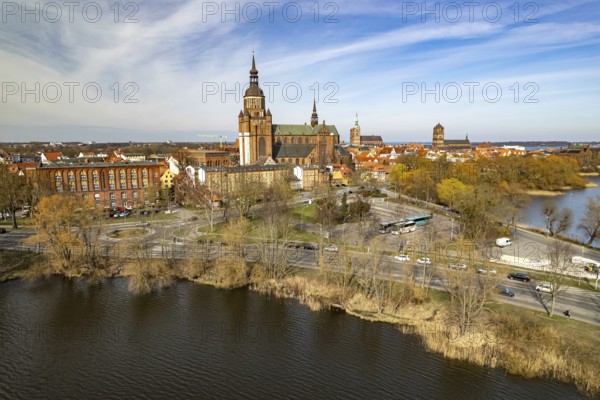 City view of Stralsund with St Mary's Church seen from the air, Mecklenburg-Vorpommern, Germany, Europe