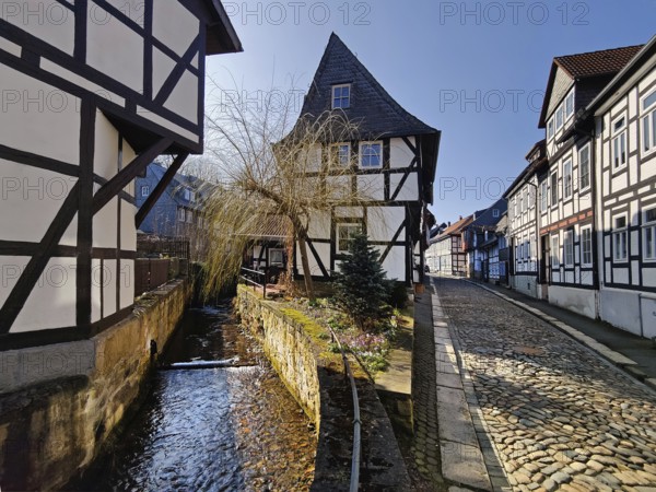 Half-timbered houses on the small river Abzucht in the old town, Goslar, UNESCO World Heritage Site, Lower Saxony, Germany, Europe