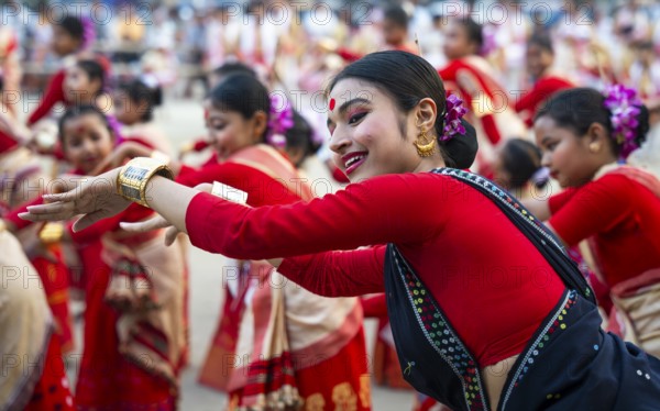 Participants with instructors dance on the final day of a Bihu dance workshop ahead of Rongali Bihu Festival, in Guwahati, Assam, India on 12 April 2025