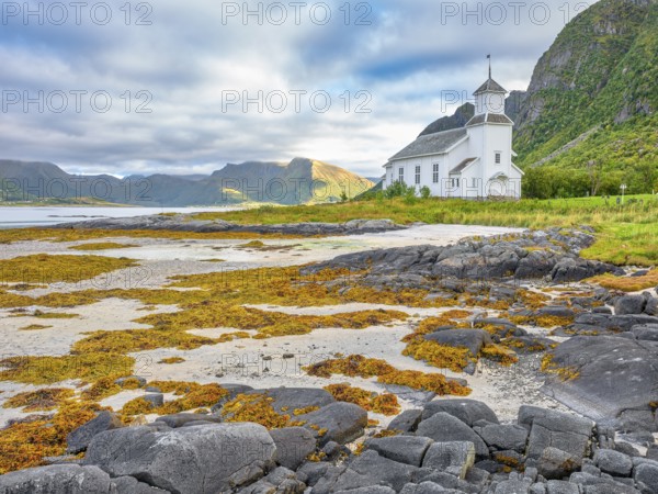 Gimsøy church with beach and seaweed, Gimsøy, Lofoten, Norway, Europe