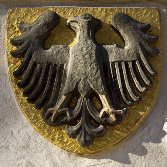 Imperial eagle on the town hall, heraldic animal of the town of Goslar, Old Town, UNESCO World Heritage Site, Lower Saxony, Germany, Europe