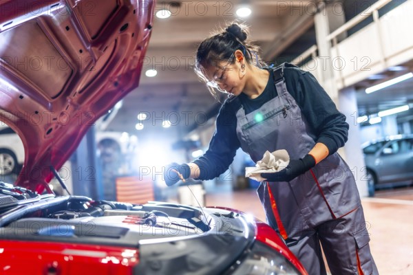 Young female mechanic wearing overalls and protective glasses is checking the oil level of a car engine in a garage