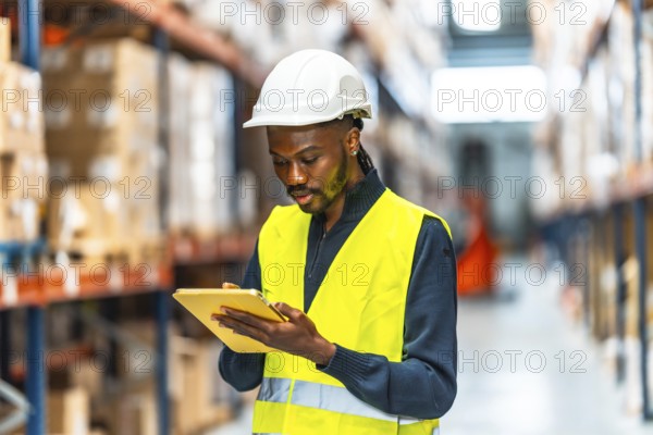 An african male warehouse worker taking inventory in the storage room