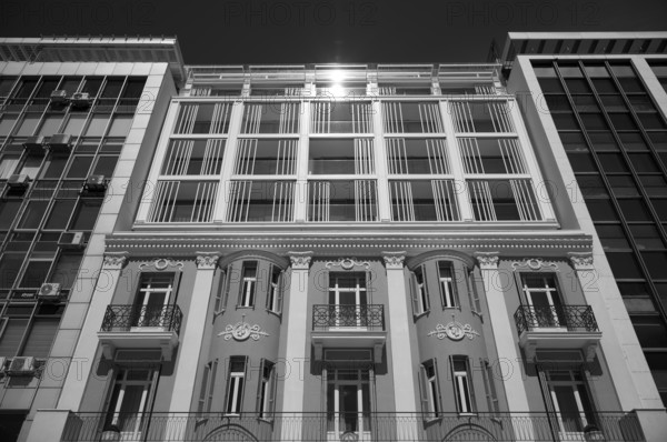 Facade of the residence Olympos Naoussa, black and white, Thessaloniki, Macedonia, Greece, Europe