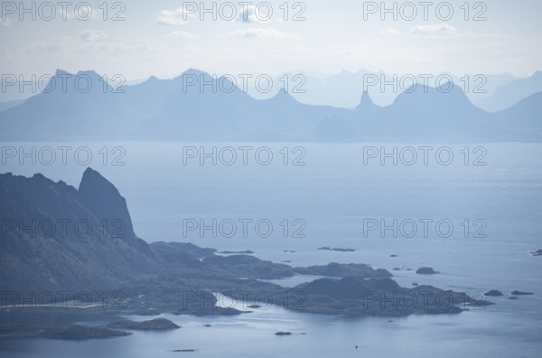 Mountain peak and fjord Austensfjorden, fjord landscape and sea, view from the summit of Rundfjellet, Nordland, Norway, Europe