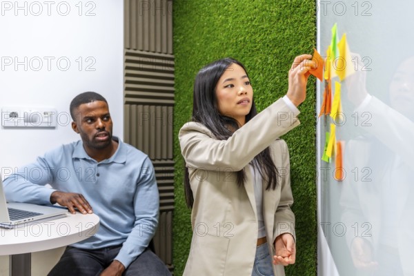 Businesswoman sticking notes on whiteboard during a brainstorming session with her colleague in a modern coworking office