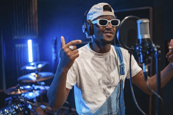 Talented african american artist wearing trendy sunglasses and headphones, passionately recording music in a modern studio, illuminated by blue lights