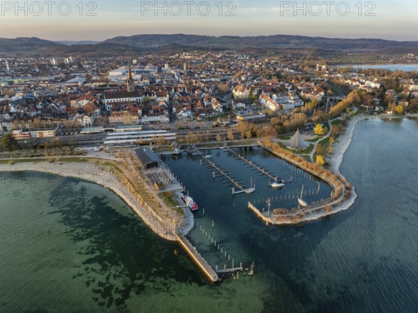 Aerial view of the town of Radolfzell on Lake Constance at low tide with the Wäschbruck harbour, harbour pier and concert sail, district of Constance, Baden-Württemberg, Germany, Europe