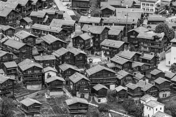 Old wooden houses in the historic village centre, black and white photo, aerial view, Grimentz, Val d'Anniviers, Valais Alps, Canton Valais, Switzerland, Europe