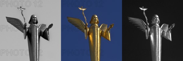 The Golden Angel by Fritz Bartsch-Hofer on the roof of the Engel pharmacy in Giessen, graphic variations, Hesse, Germany, Europe