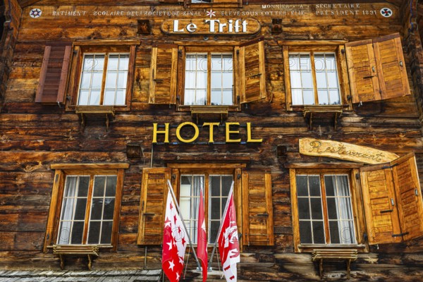 Historic Hotel Le Trift, mountain village of Zinal, Val d'Anniviers, Valais Alps, Canton Valais, Switzerland, Europe