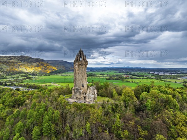 The National Wallace Monument or William Wallance Monument from a drone, Stirling, Scotland, England, United Kingdom, Europe