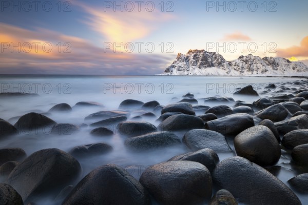 Rocks on the beach at Uttakleiv, long exposure, Vestvågøya, Lofoten, Norway, Europe