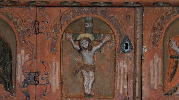 Christ on the cross, crucified Christ, crucified, wooden relief, Kongsvoll or Kongsvold Fjeldstue, historic mountain hut, Drivdalen valley, Dovrefjell, Oppdal municipality, Trøndelag county, Norway, Europe