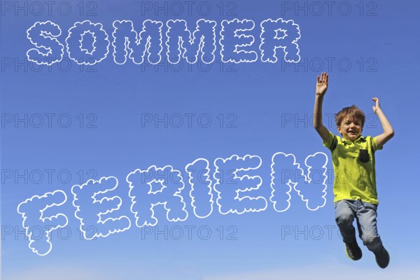 Summer holiday symbol: Lettering in front of a blue sky and a boy jumping in the air with joy
