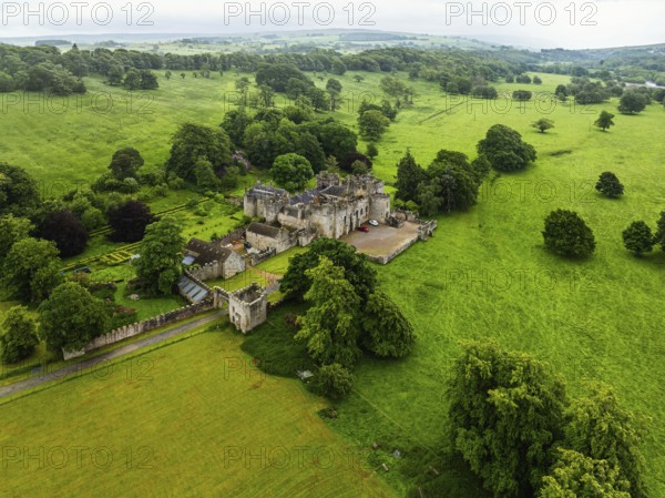 Featherstone Castle from a drone, River South Tyne, Haltwhistle, Northumberland, England, United Kingdom, Europe