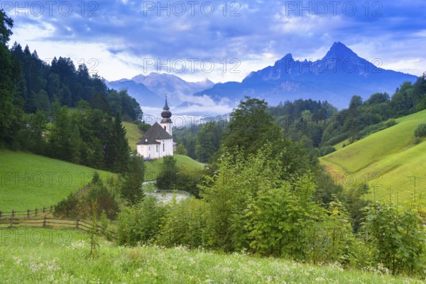 Maria Gern pilgrimage church, view of the Watzmann, in front of sunrise, Berchtesgarden Alps, Berchtesgaden, Berchtesgadener Land, Upper Bavaria, Bavaria, Germany, Europe