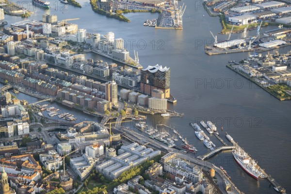 Aerial view of Hamburg harbour with Elbe, Elbphilharmonie, Speicherstadt, Hafen City, Landungsbrücken, Hamburg, Germany, Europe