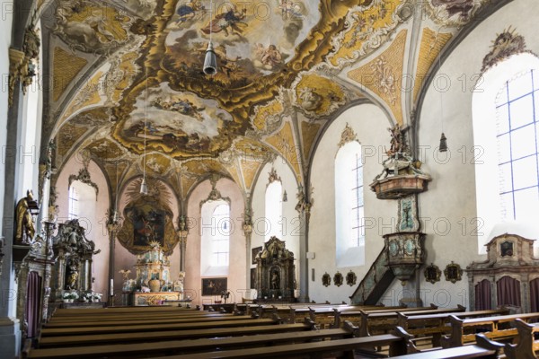 Interior view, St Michael's parish church, Piesport, Moselle, Rhineland-Palatinate, Germany, Europe