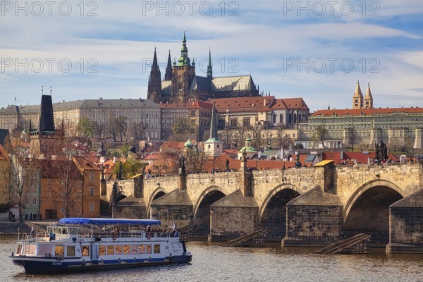 View over the Vltava River to Hradcany Hill, Charles Bridge, Prague, Czech Republic, Europe